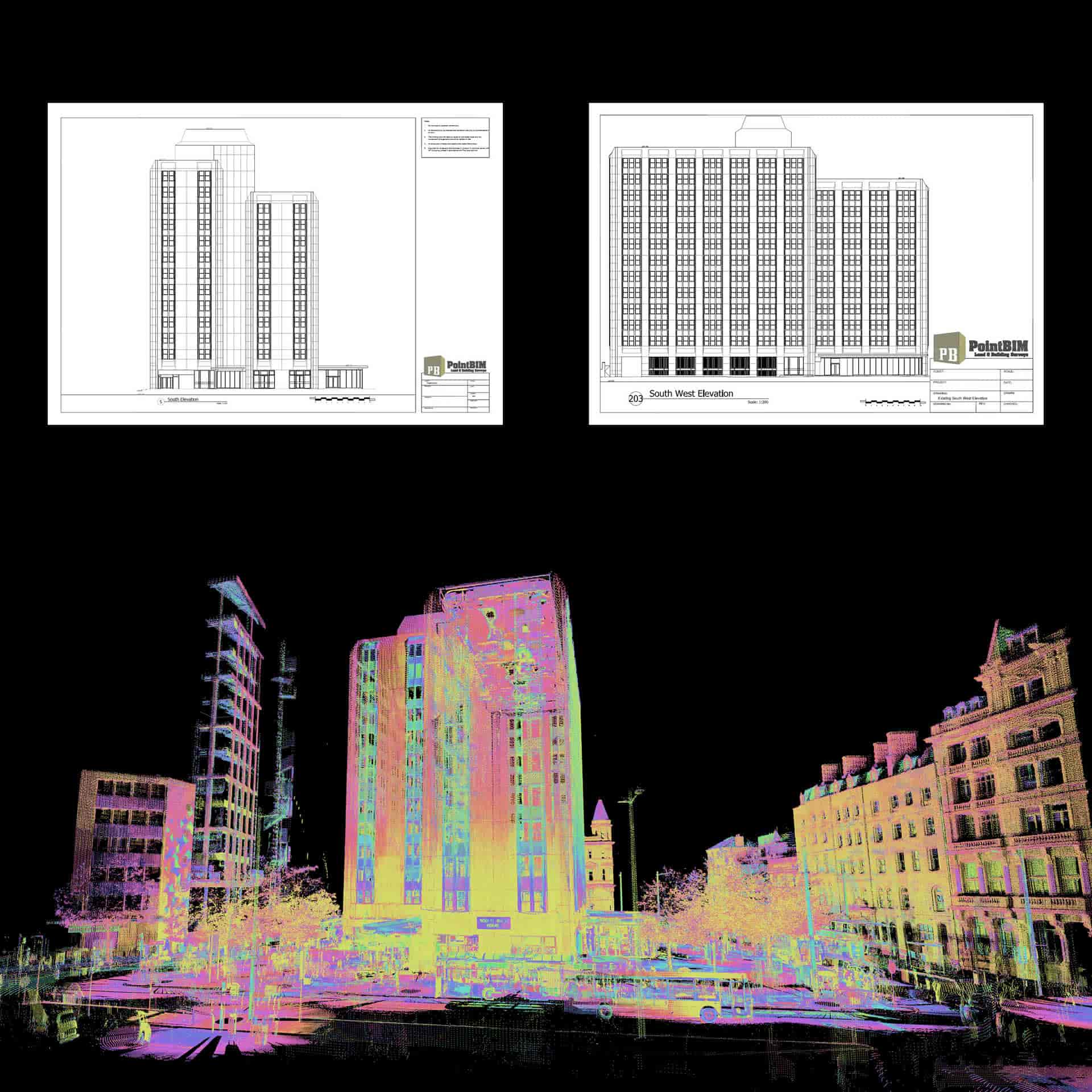 Measured building survey of Southgate House, Wood Street, Cardiff — laser-scanned office building with detailed CAD plans and elevations for refurbishment and space planning.